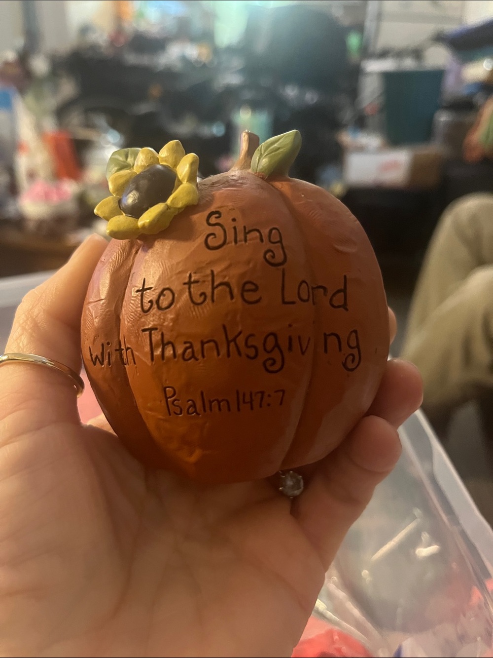 Thanksgiving Pumpkin Figurine with Sunflower Accent scripture Psalms 147.7 309